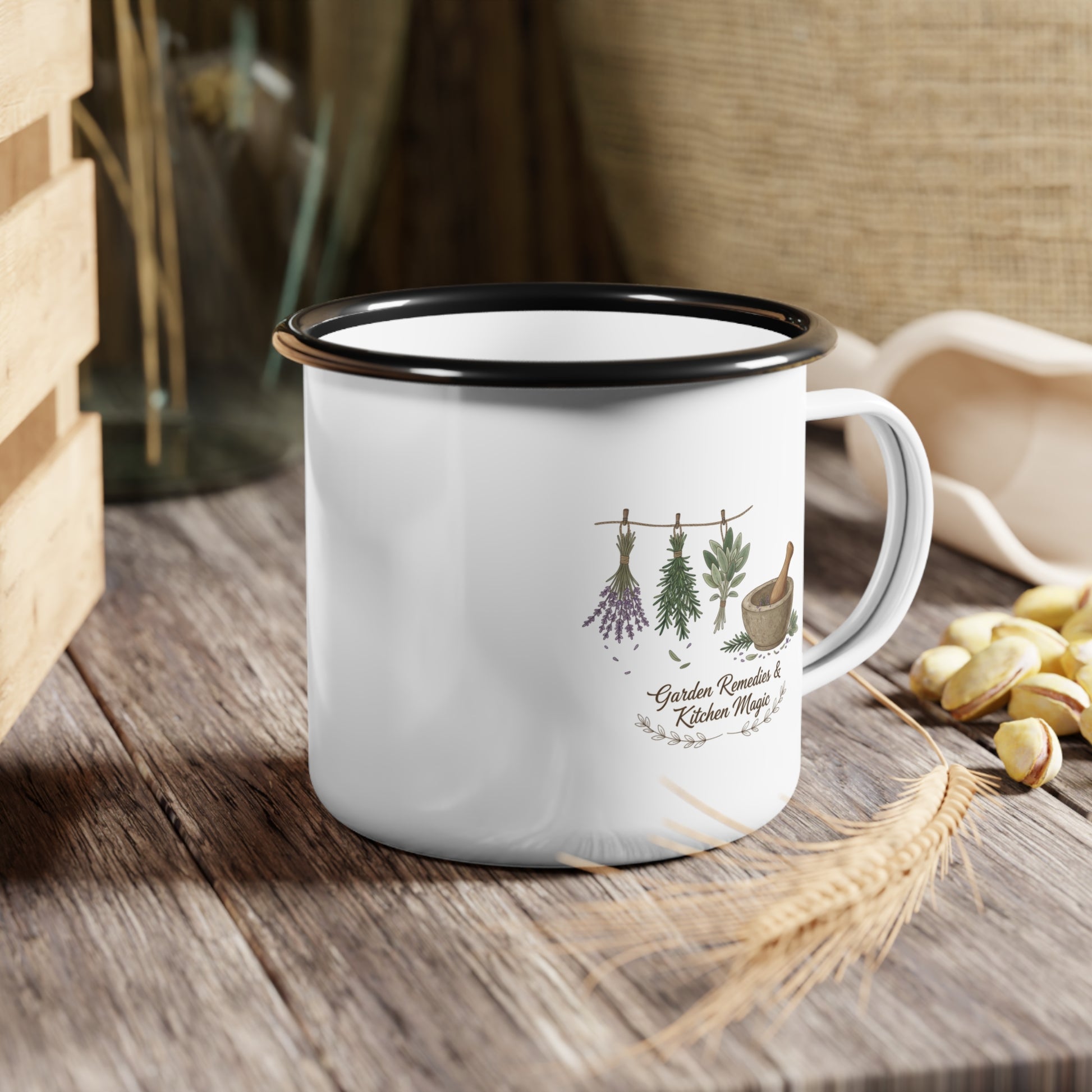 Herbal Remedies Enamel Camp Cup — Garden Remedies & Kitchen Magic Mug