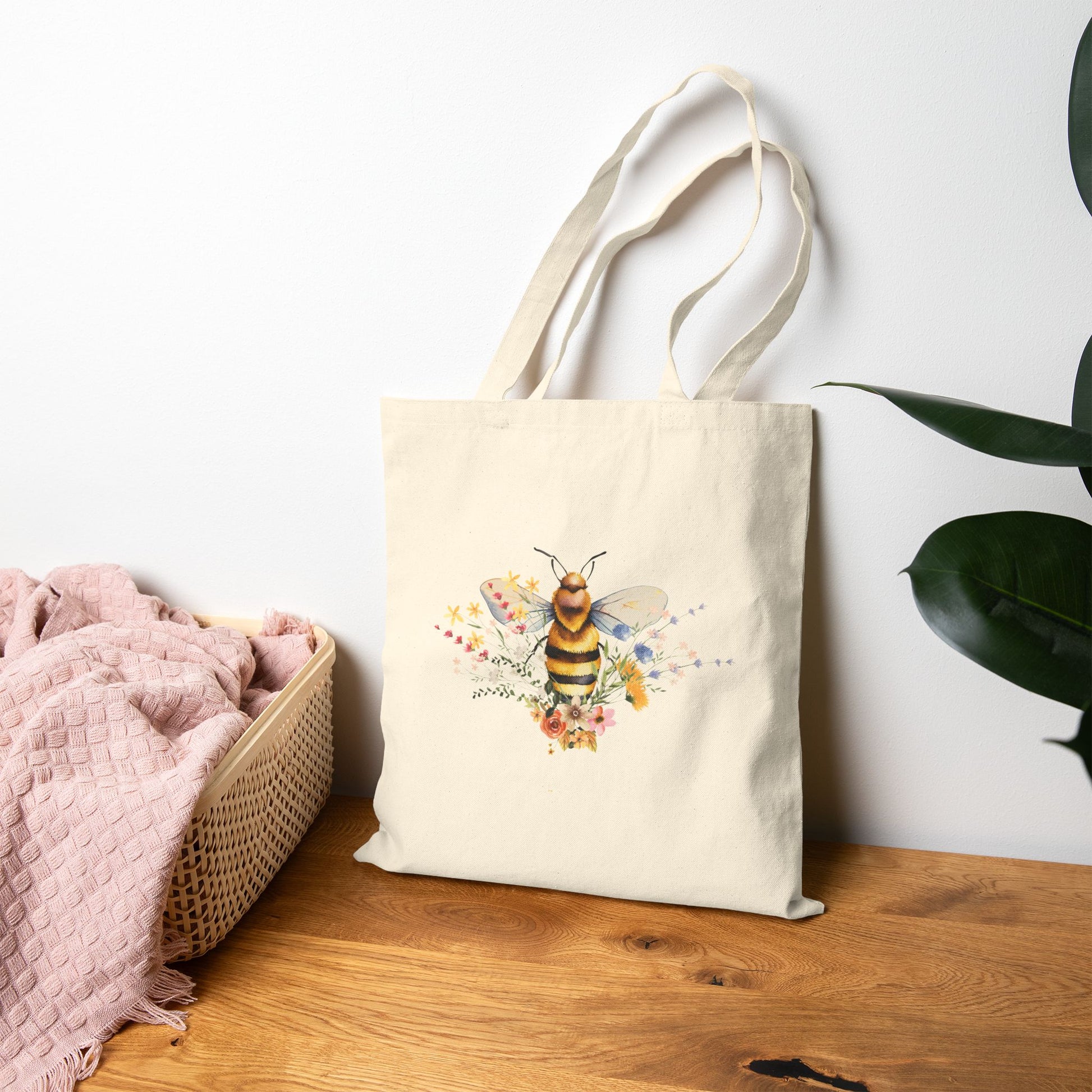 Bee Floral Tote Bag — Watercolor Bee Canvas Tote