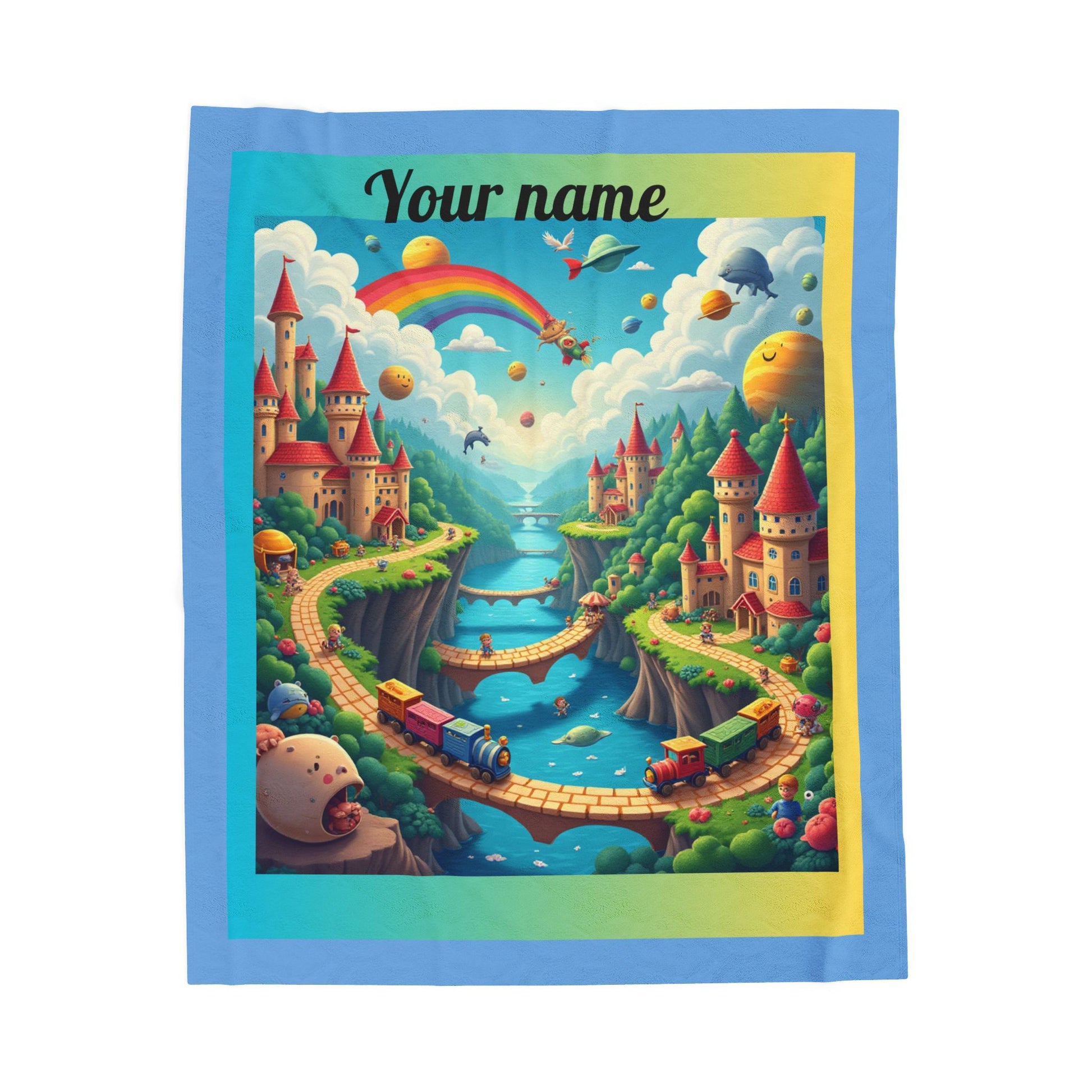 Personalized Velveteen Plush Blanket — Colorful Fantasy Castle Train (Custom Name)