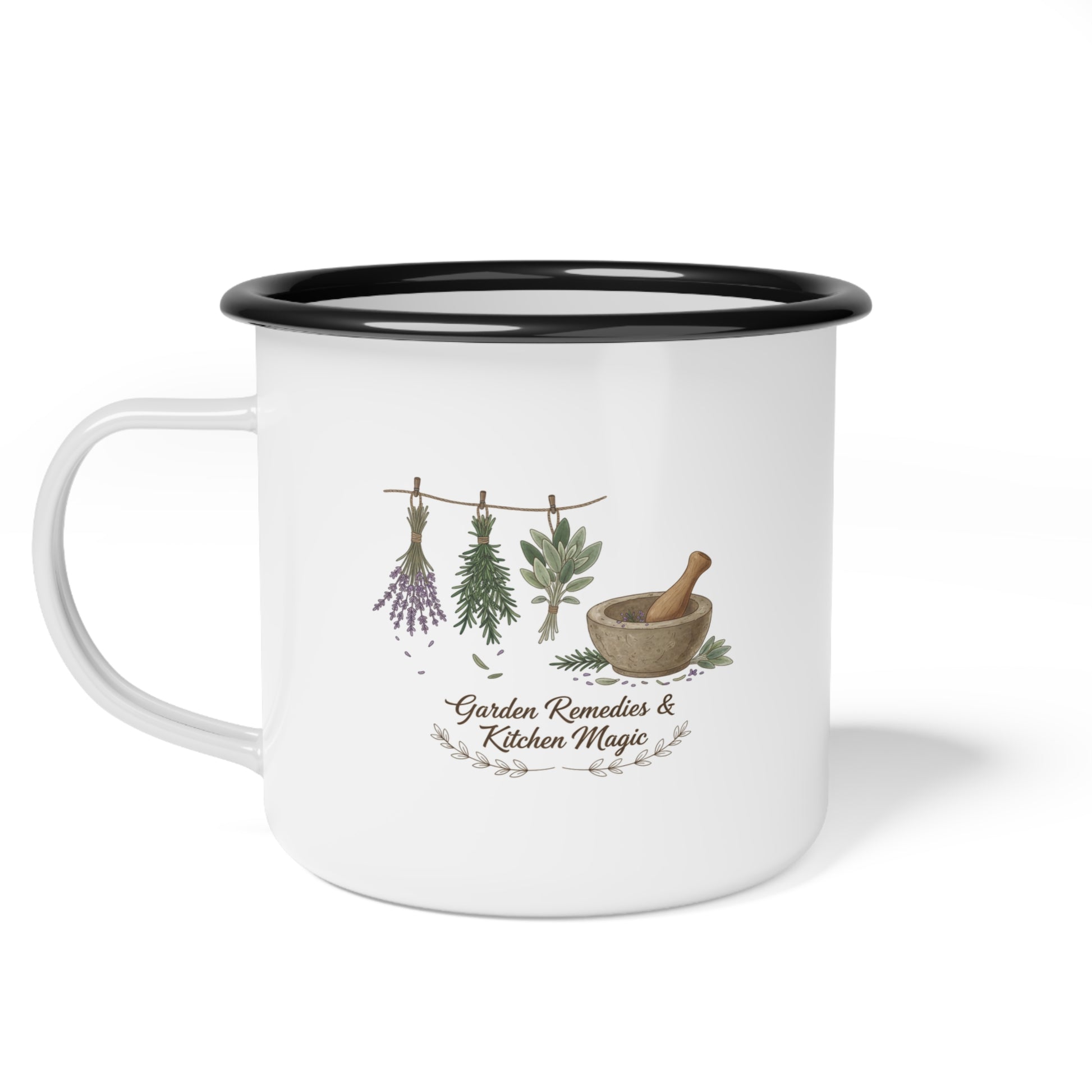 Herbal Remedies Enamel Camp Cup — Garden Remedies & Kitchen Magic Mug