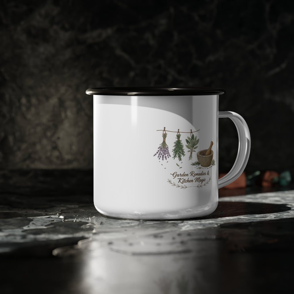 Herbal Remedies Enamel Camp Cup — Garden Remedies & Kitchen Magic Mug