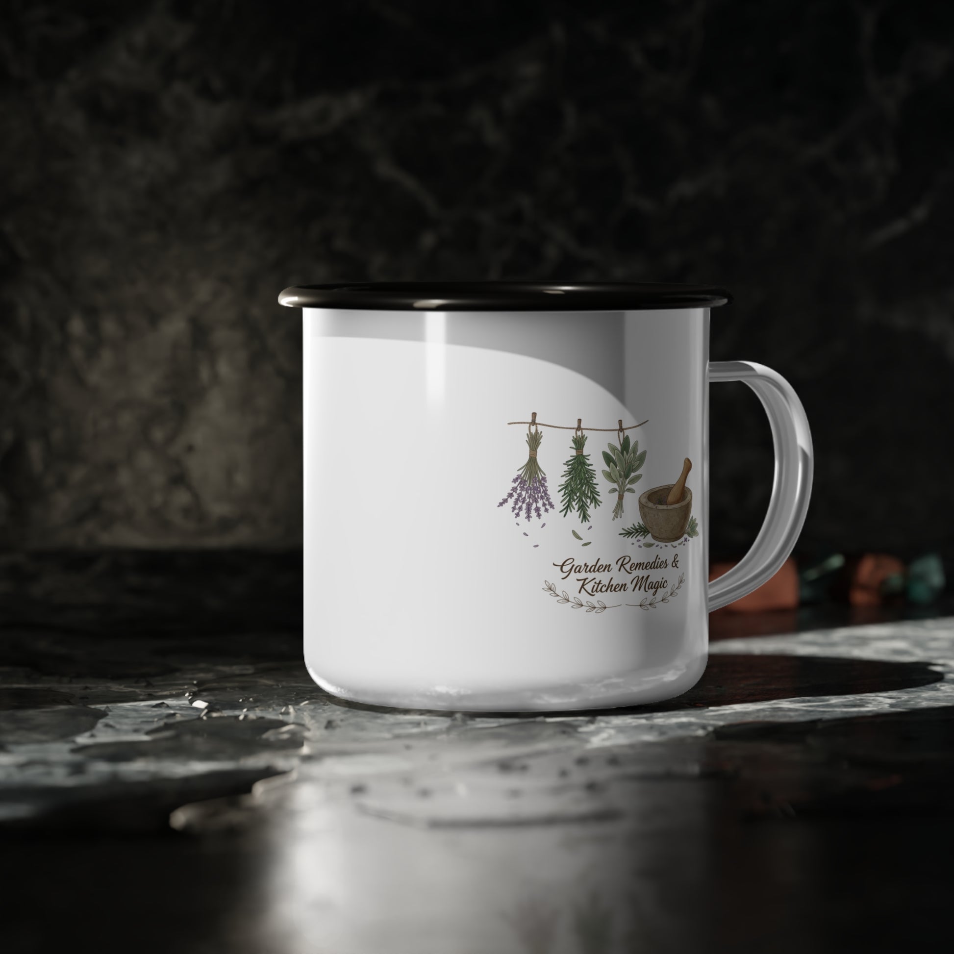 Herbal Remedies Enamel Camp Cup — Garden Remedies & Kitchen Magic Mug