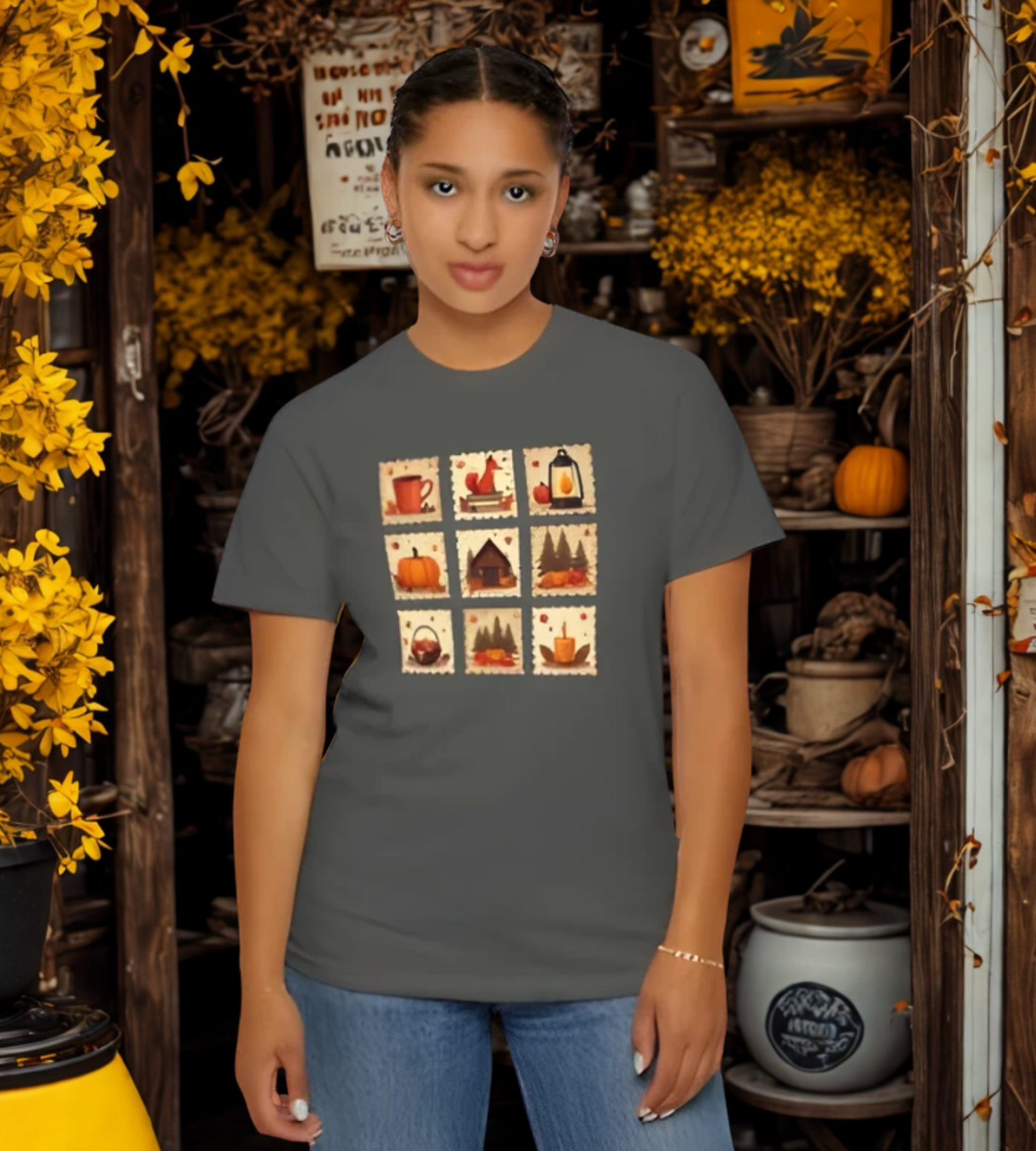 Cozy Autumn Postage Stamp T-Shirt – Fall Pumpkin Fox Lantern Tee, Rustic Halloween Coffee Shirt, Vintage Cottagecore Fall Top