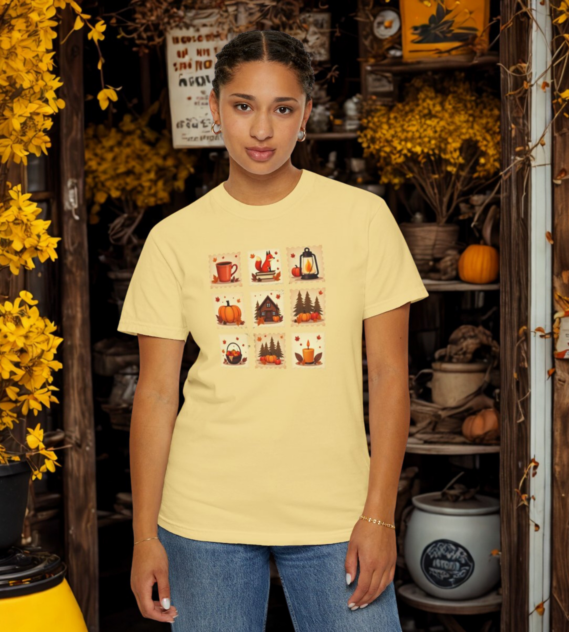 Cozy Autumn Postage Stamp T-Shirt – Fall Pumpkin Fox Lantern Tee, Rustic Halloween Coffee Shirt, Vintage Cottagecore Fall Top