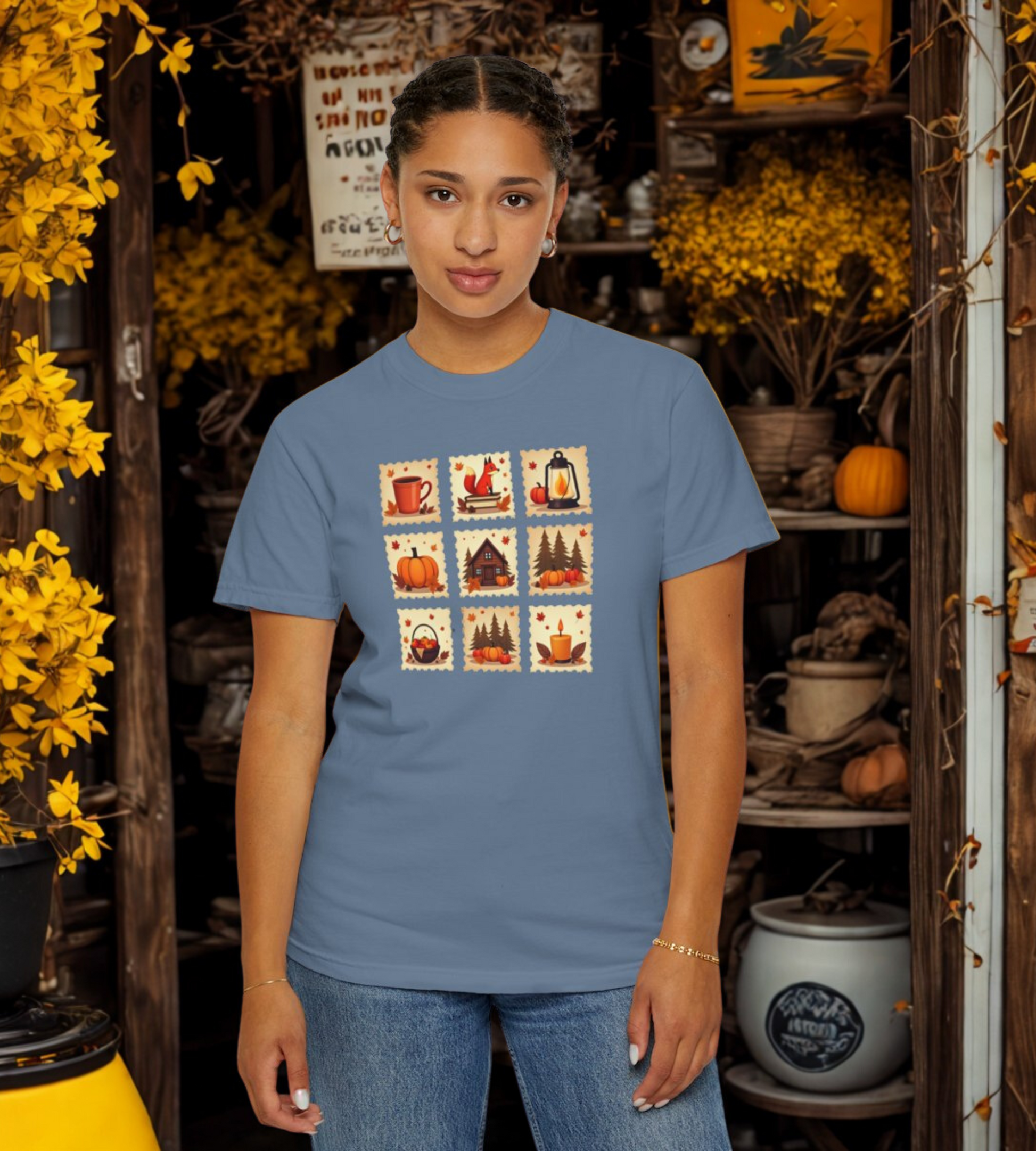 Cozy Autumn Postage Stamp T-Shirt – Fall Pumpkin Fox Lantern Tee, Rustic Halloween Coffee Shirt, Vintage Cottagecore Fall Top
