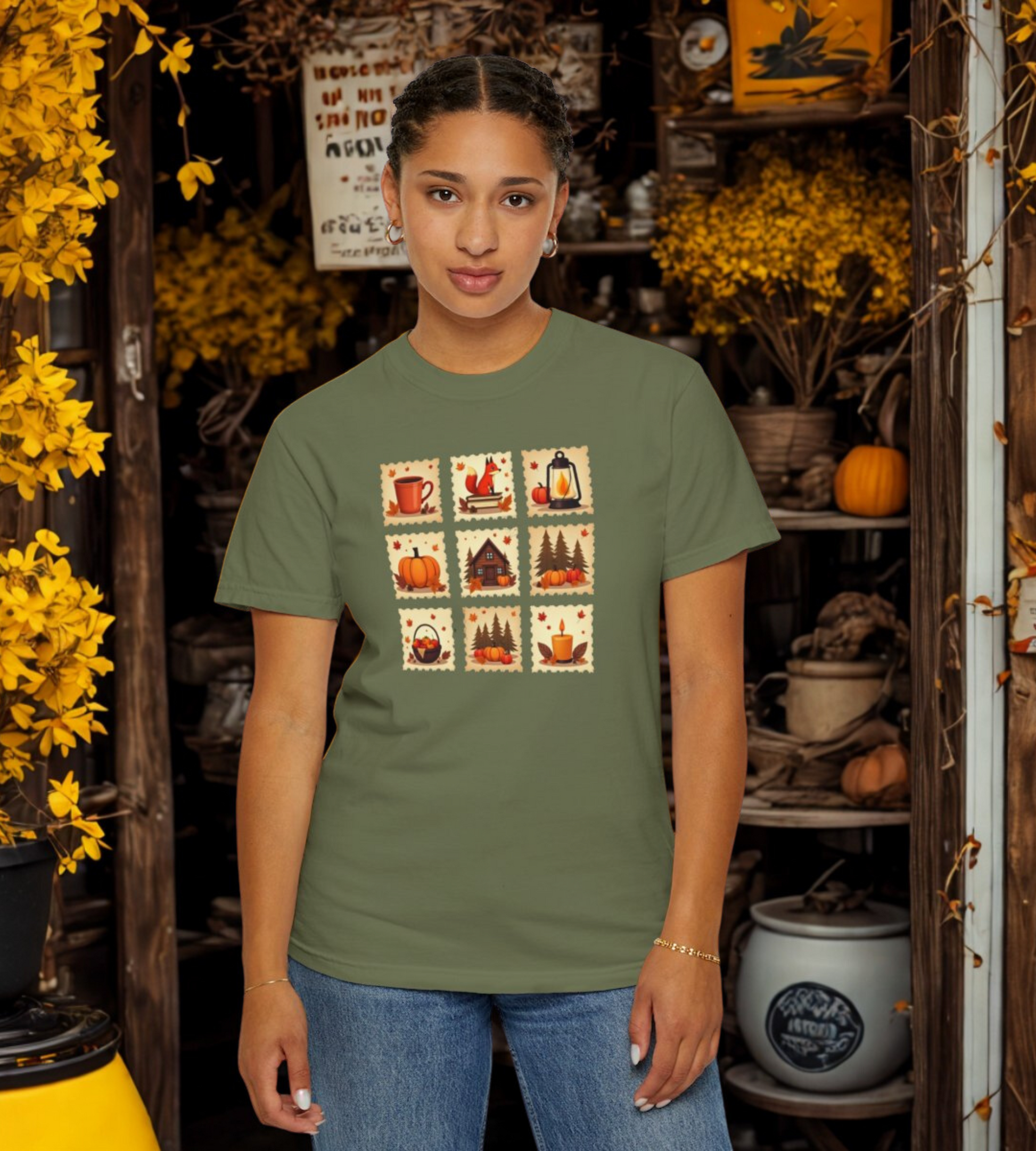 Cozy Autumn Postage Stamp T-Shirt – Fall Pumpkin Fox Lantern Tee, Rustic Halloween Coffee Shirt, Vintage Cottagecore Fall Top