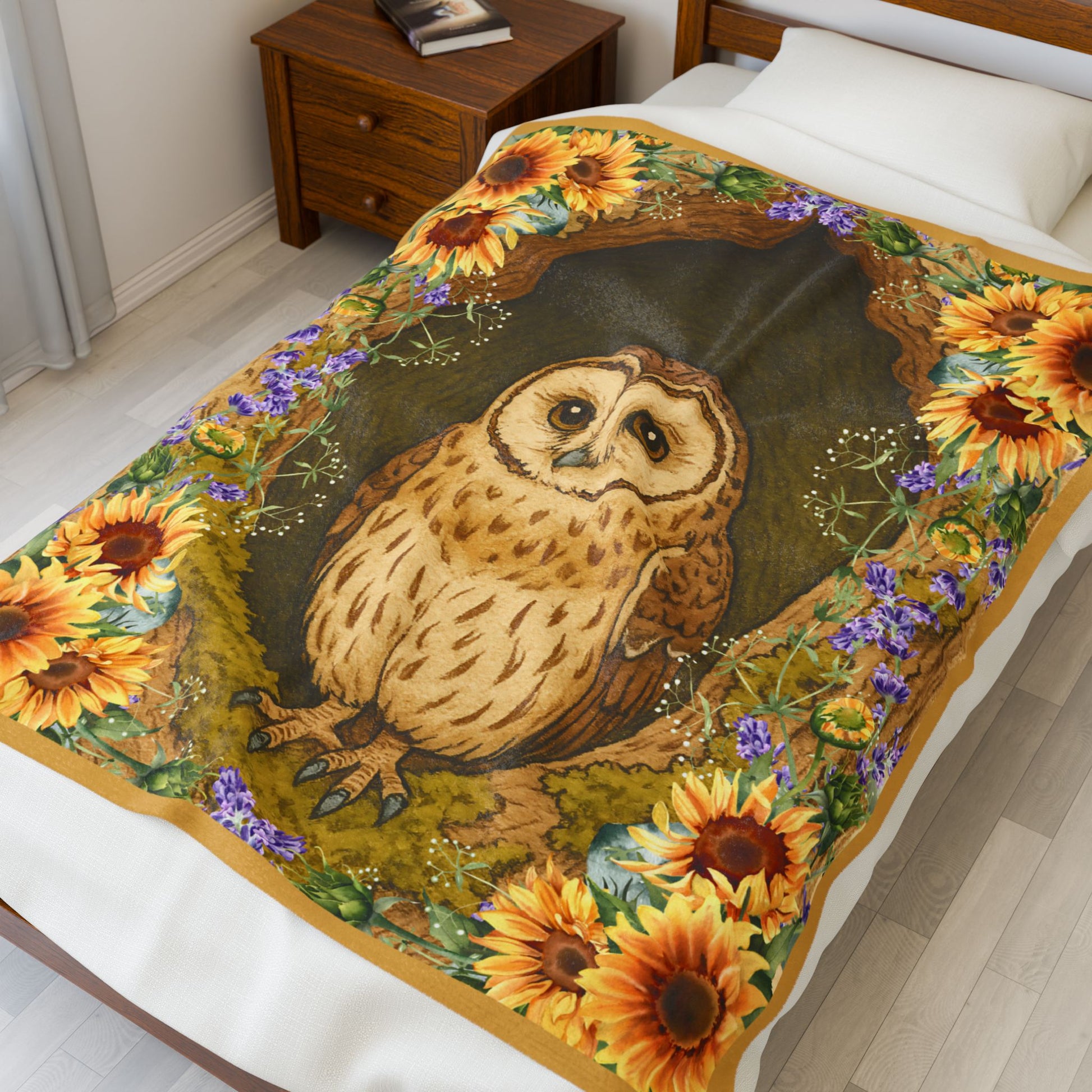 Sunflower Owl Plush Blanket, Cozy Throw Blanket, Home Decor, Gift for Owl Lovers, Fall Decor, Warm Blanket for Winter