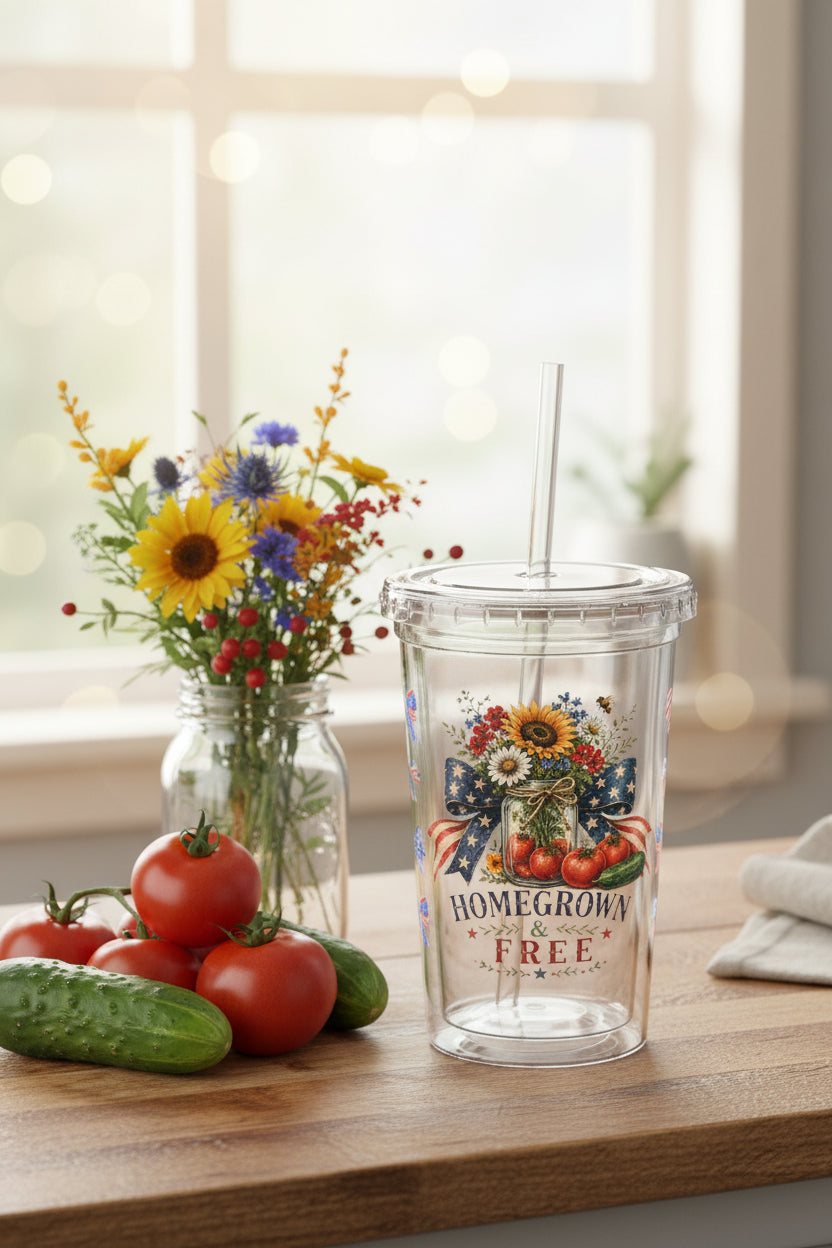 Patriotic Sunflower Tumbler – Homegrown & Free 16oz Acrylic Cup