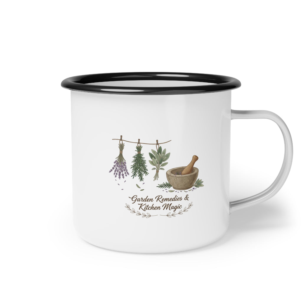 Herbal Remedies Enamel Camp Cup — Garden Remedies & Kitchen Magic Mug