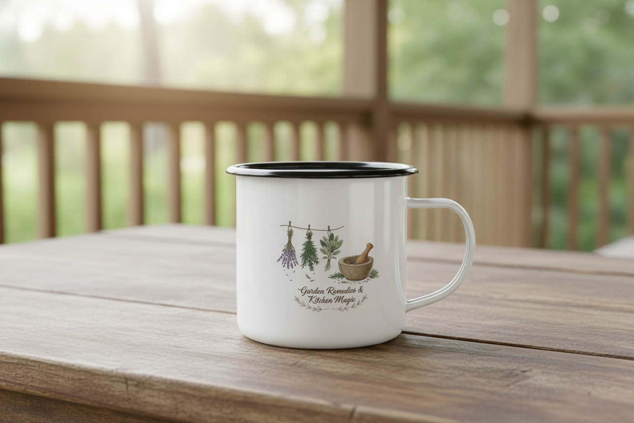 Herbal Remedies Enamel Camp Cup — Garden Remedies & Kitchen Magic Mug