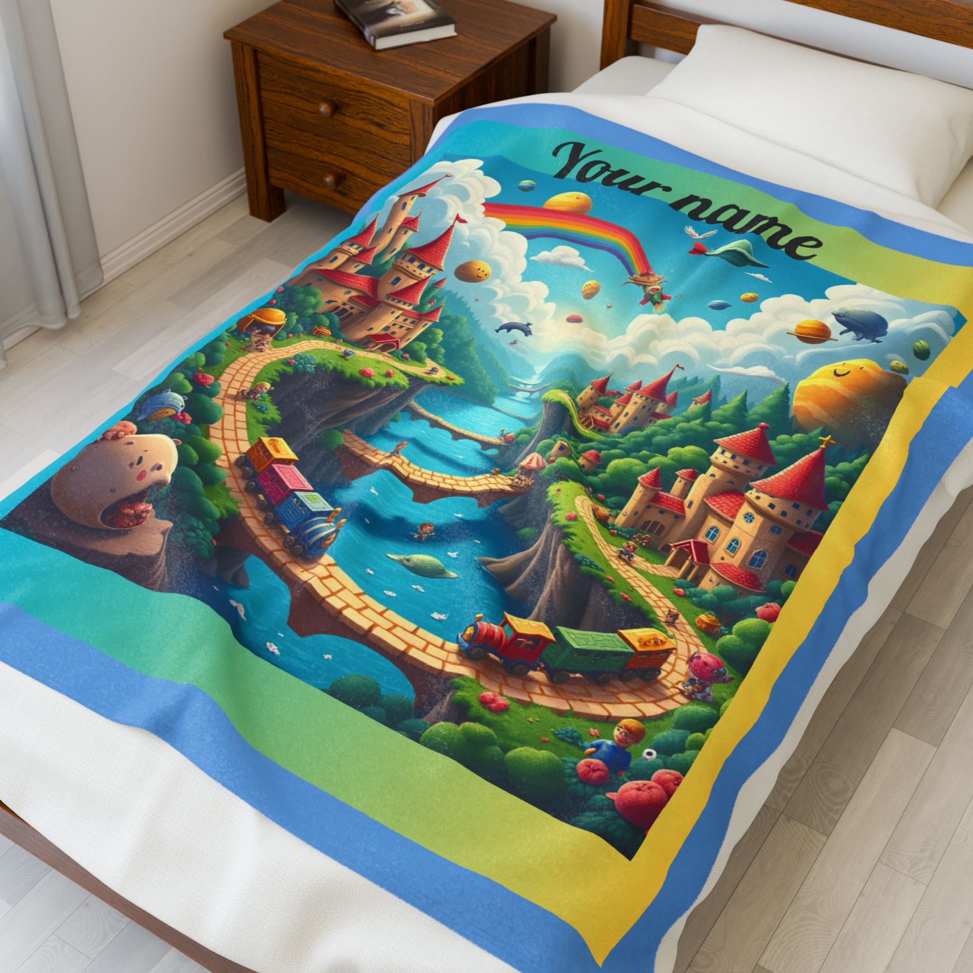 Personalized Velveteen Plush Blanket — Colorful Fantasy Castle Train (Custom Name)