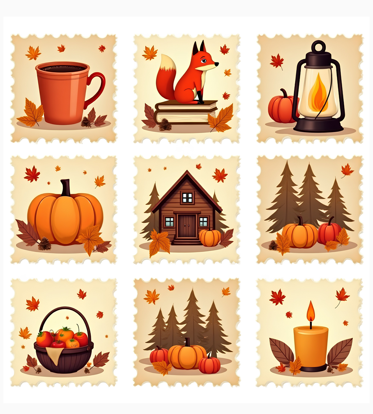 Cozy Autumn Postage Stamp T-Shirt – Fall Pumpkin Fox Lantern Tee, Rustic Halloween Coffee Shirt, Vintage Cottagecore Fall Top